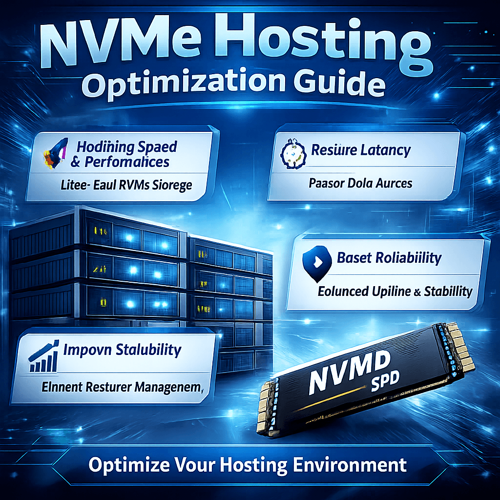 Infographic with NVMe hosting optimization tips including speed, latency, reliability, and stability