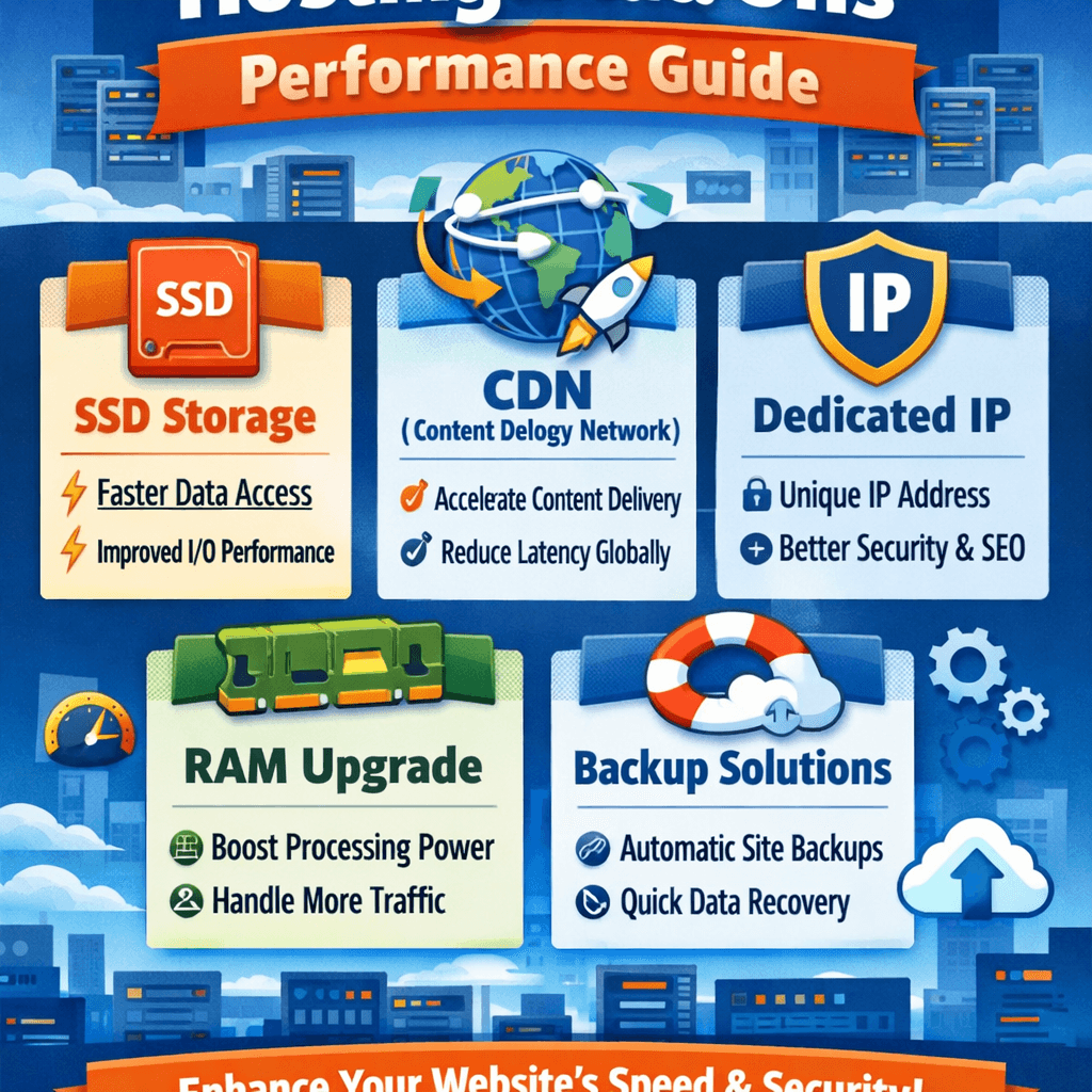 SSD storage, CDN, dedicated IP, RAM upgrade, and backup solutions for hosting performance