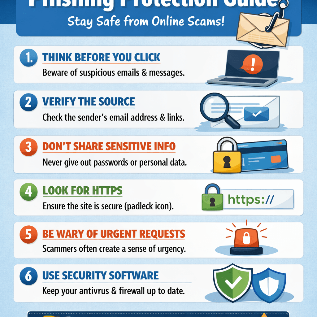 Phishing protection guide with six steps to stay safe from online scams including think before clicking, verify sources, don't share sensitive info, look for HTTPS, beware urgent requests, and use security software.