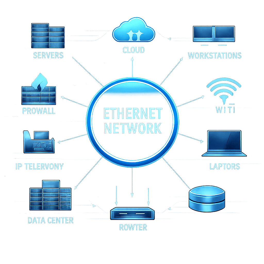 Diagram showing Ethernet network connections to cloud, servers, firewall, IP telephony, data center, router, workstations, WiFi, and laptops.