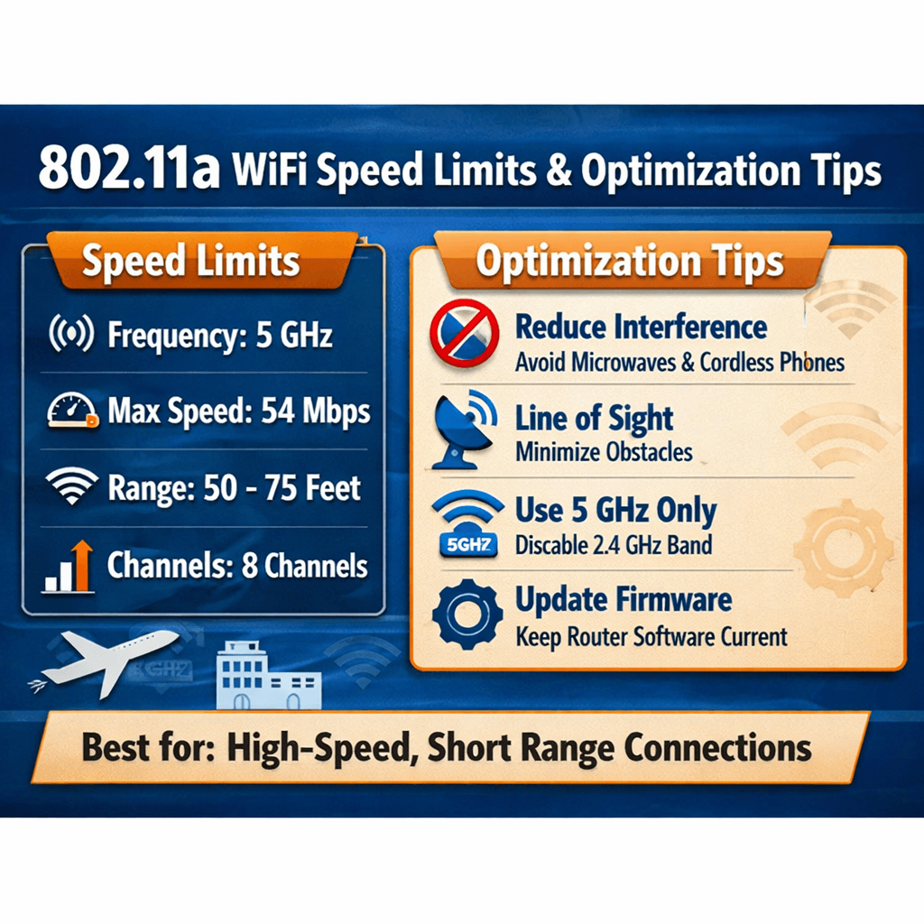 802.11a WiFi speed limits and optimization tips including frequency, max speed, range, channels, and interference reduction