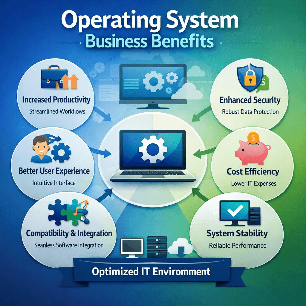 Operating system business benefits highlighting productivity, user experience, compatibility, security, cost efficiency, and system stability
