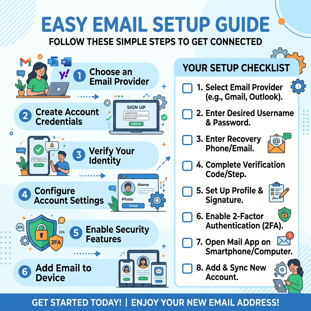 Step-by-step guide for setting up email with checklist and illustrations