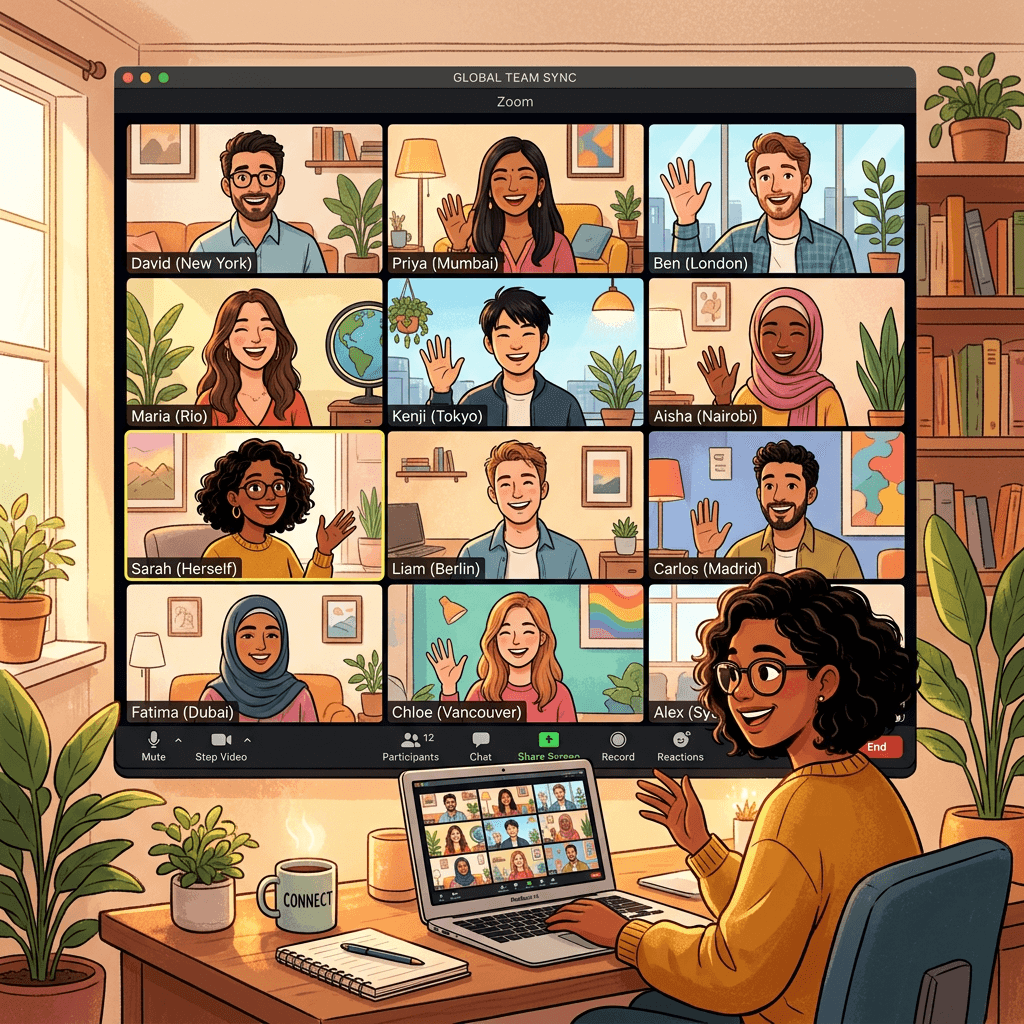 Eleven people in a video conference from different cities around the world, smiling and waving