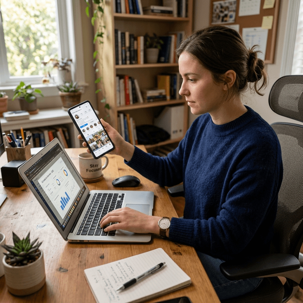 Woman working at a desk using a laptop and holding a smartphone showing social media