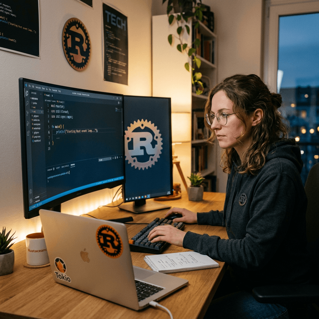 Person working on Rust programming with dual monitors and laptop displaying Rust logos