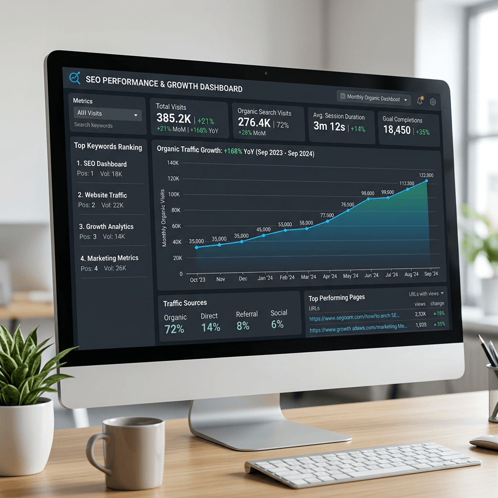 SEO growth dashboard with rising traffic graph