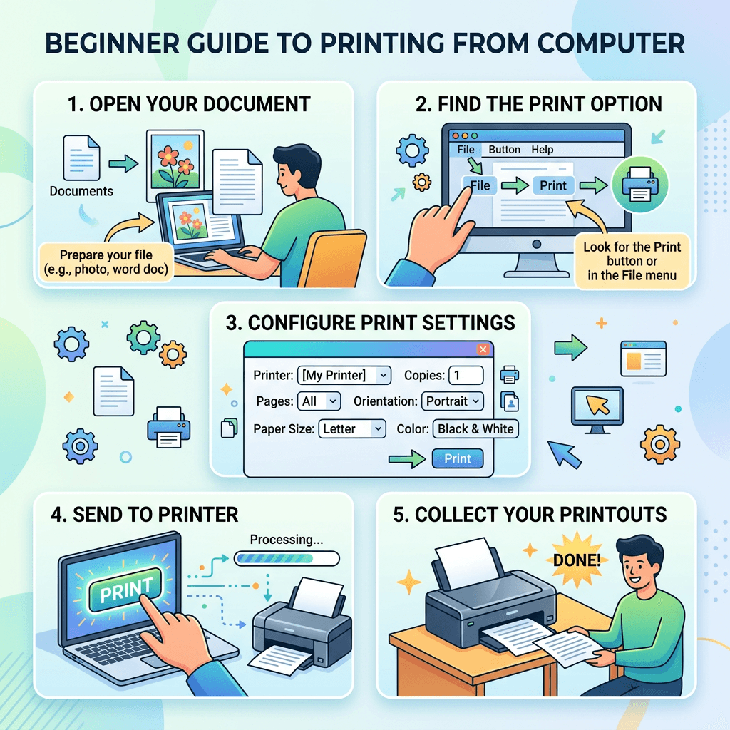 Illustration showing five steps to print from a computer: open document, find print option, configure settings, send to printer, collect printouts