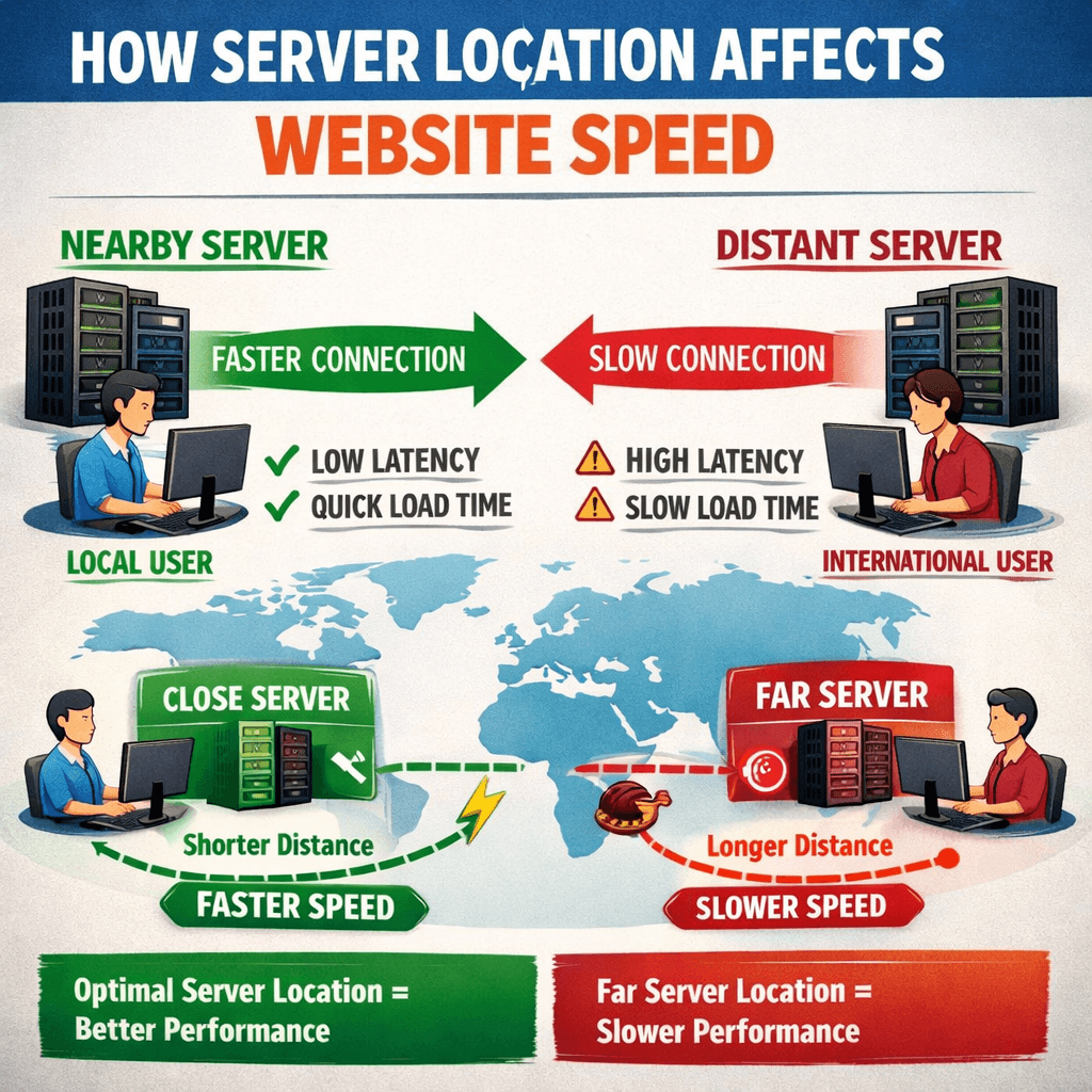 Diagram explaining that nearby servers have faster connections and low latency, while distant servers have slower connections and high latency affecting website speed
