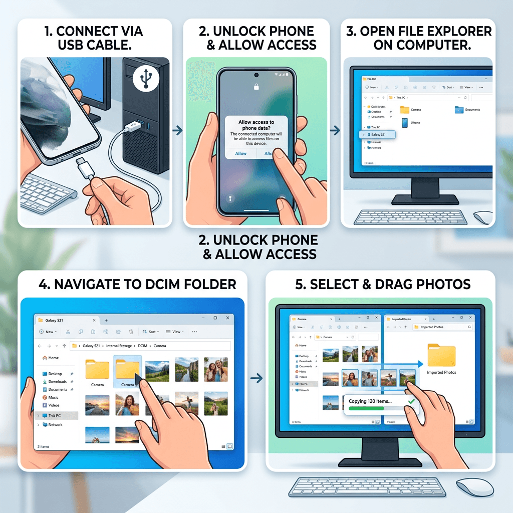Step-by-step instructions to connect phone to PC and transfer photos