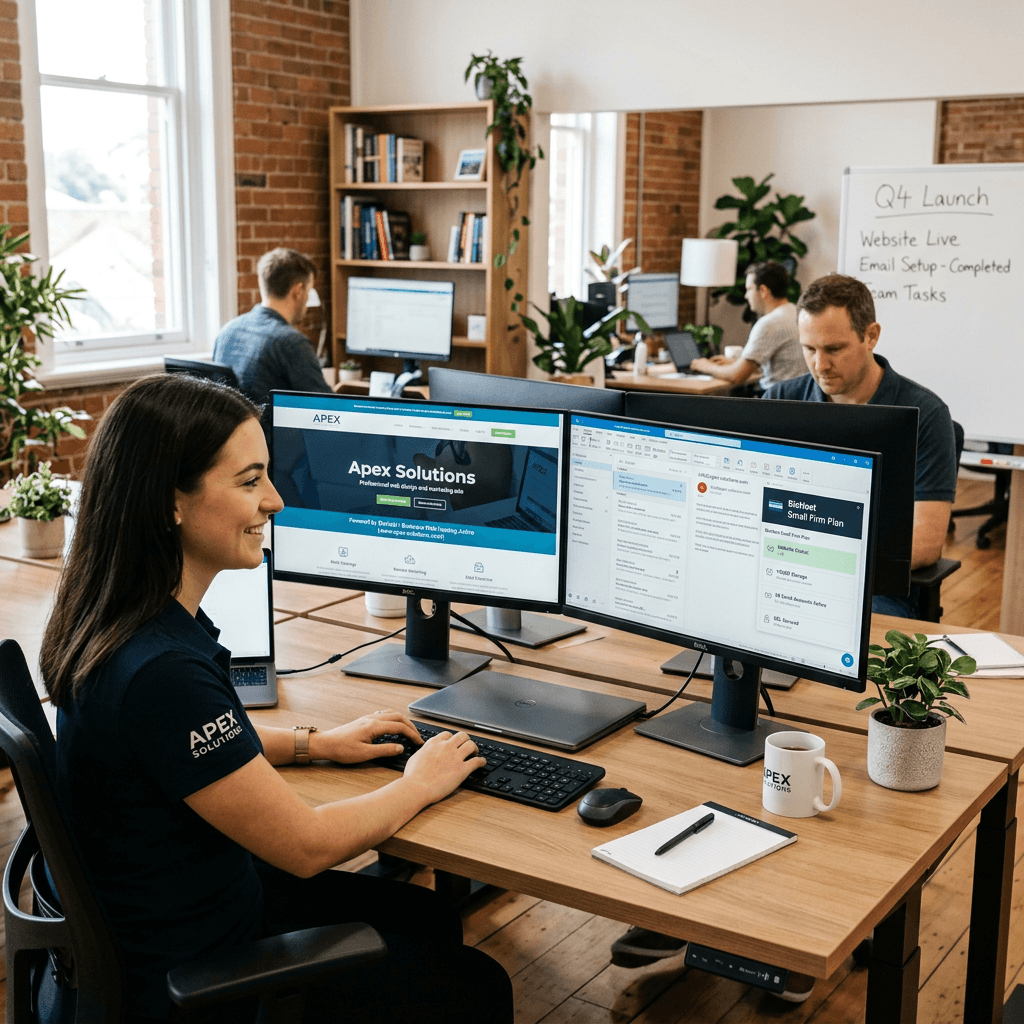 Woman working at desk with dual monitors displaying website and email in modern office