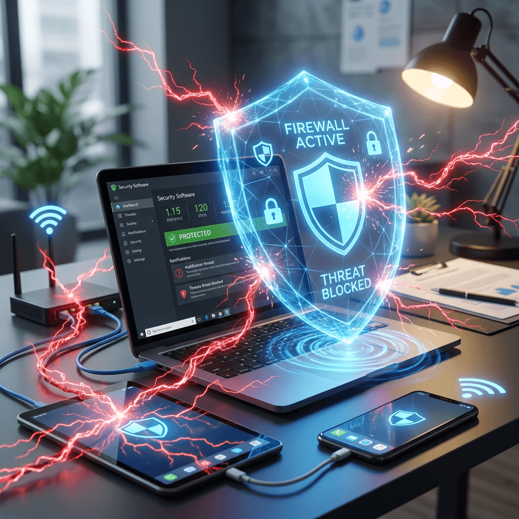 Laptop screen showing security software with active firewall and threat blocked, connected to tablet and smartphone.