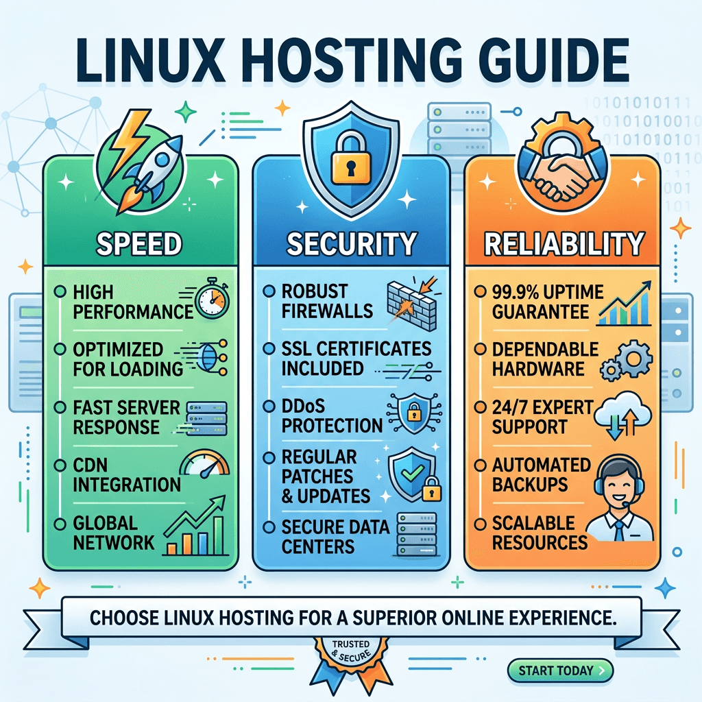 Linux hosting guide highlighting speed, security, and reliability features