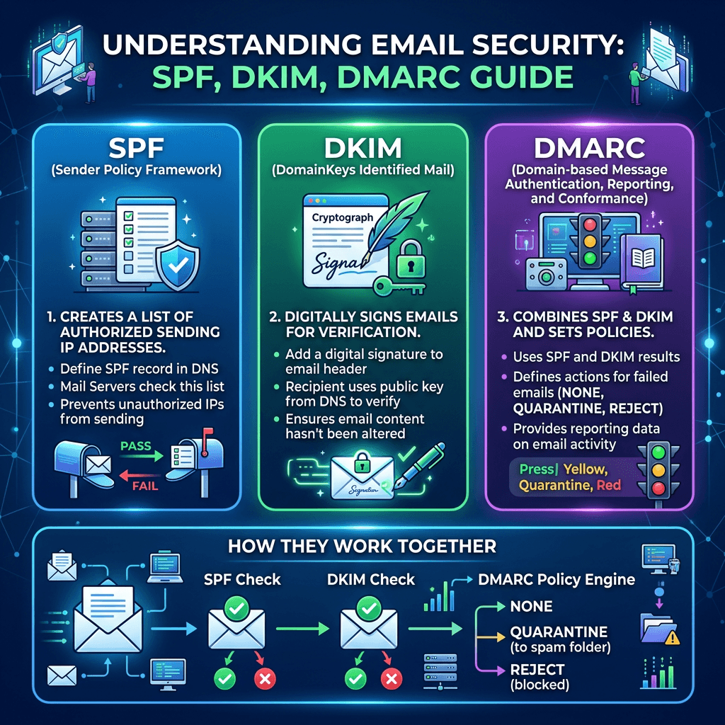 Diagram explaining SPF, DKIM, and DMARC email security protocols and how they work together