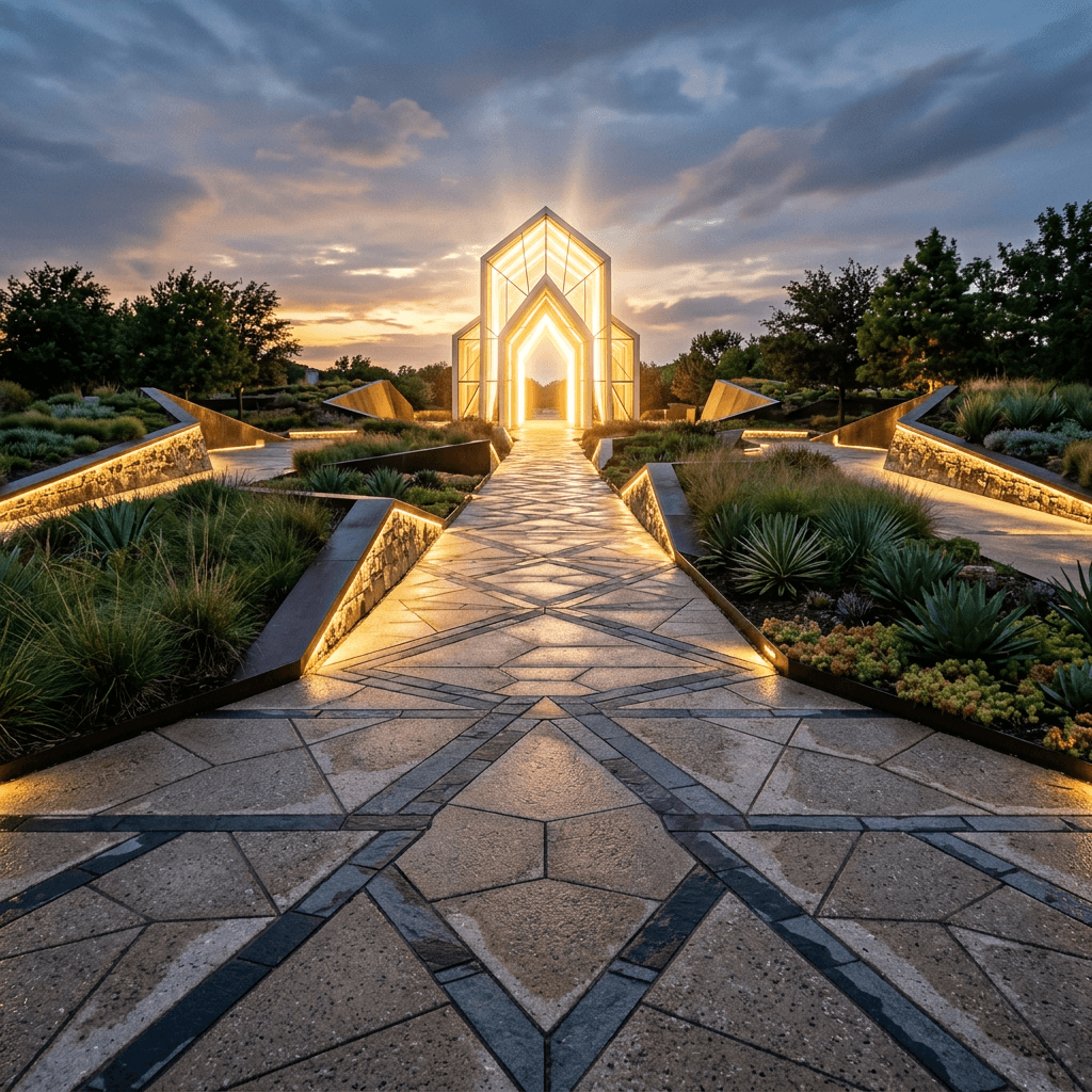 Geometric glass structure lit with warm lights at pathway end in landscaped garden