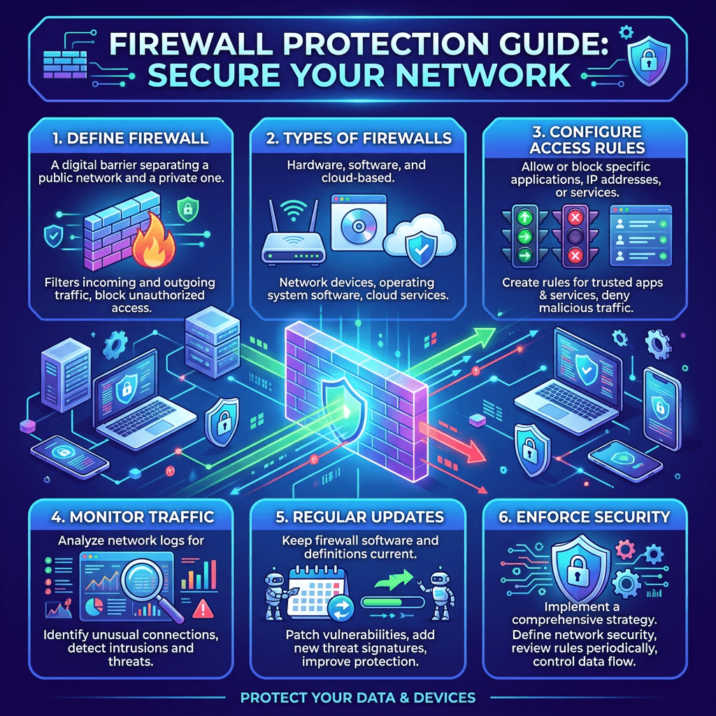 Firewall protection guide outlining six steps: define firewall, types, configure rules, monitor traffic, updates, enforce security