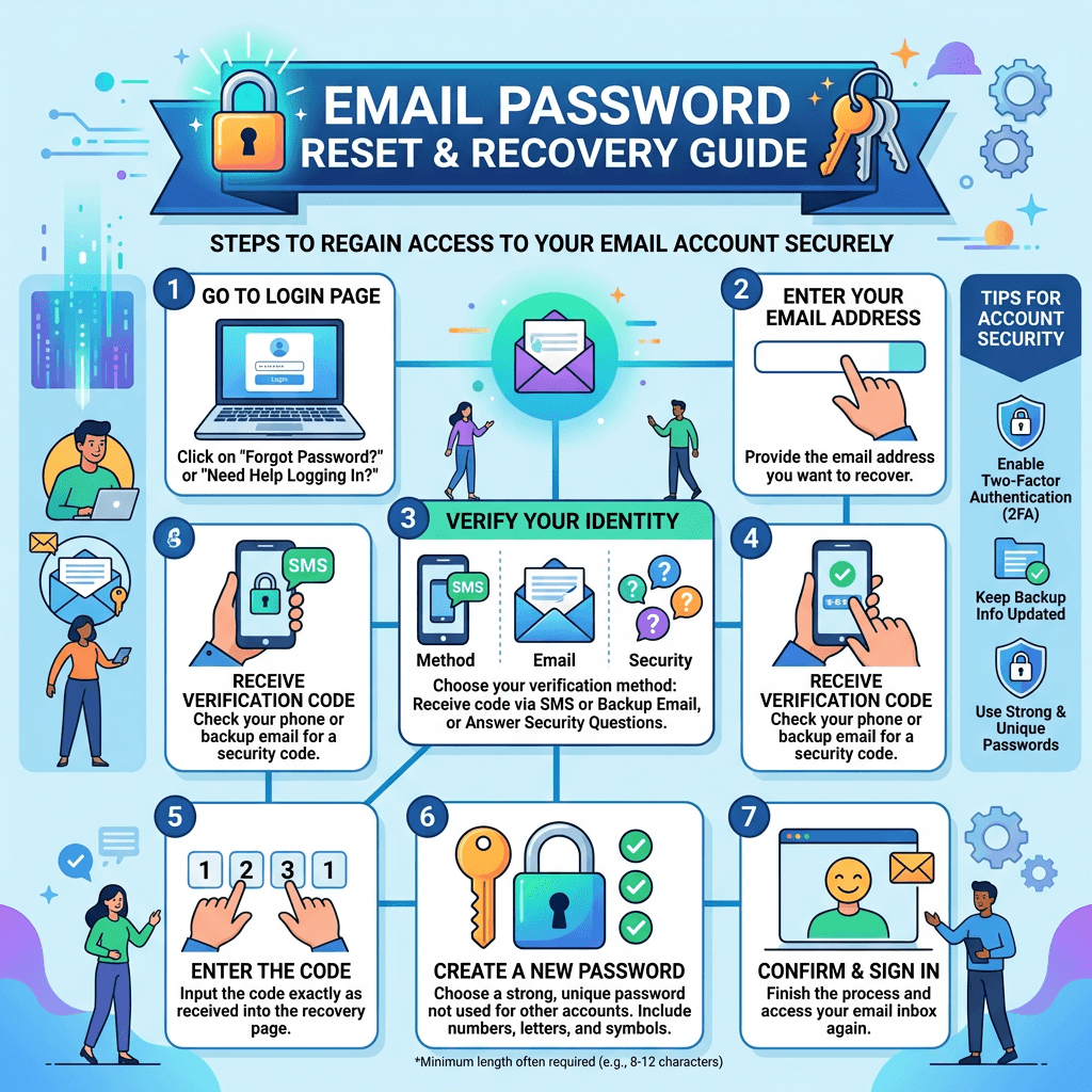 Steps to securely reset and recover an email password including login page, verification, and password creation