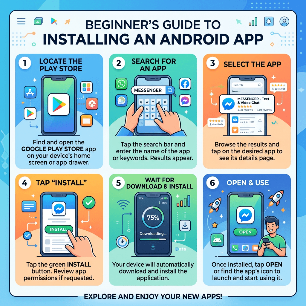 Step-by-step instructions for installing an Android app using the Google Play Store.