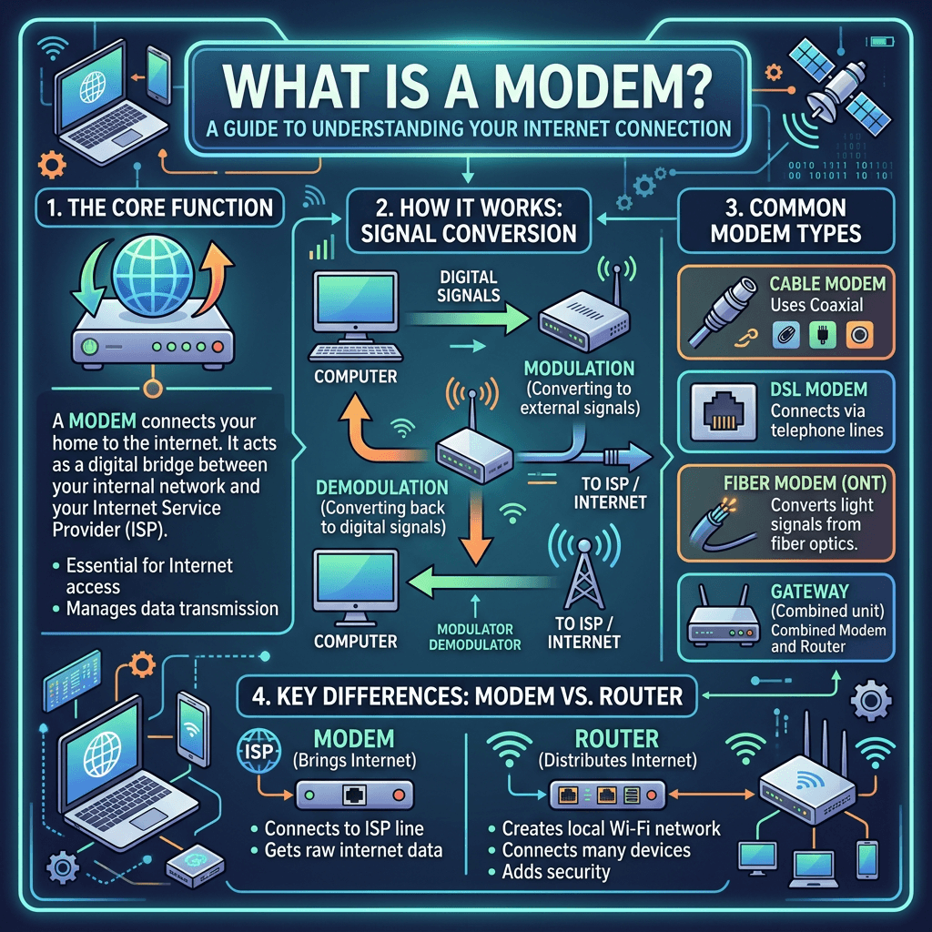 Diagram explaining modem core functions, signal conversion, modem types, and key differences from routers