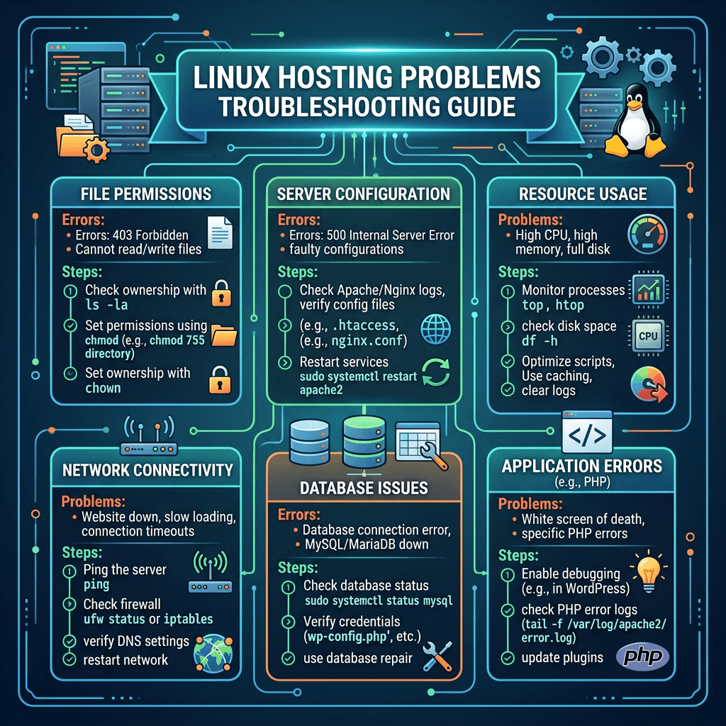 Linux hosting problems troubleshooting guide covering file permissions, server configuration, resource usage, network connectivity, database issues, and application errors.