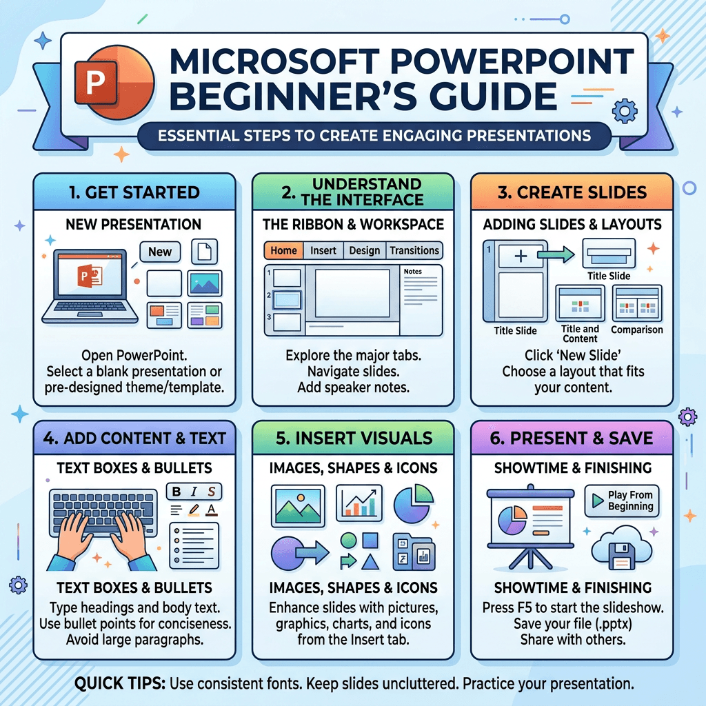 Step-by-step beginner's guide to creating PowerPoint presentations with sections on getting started, interface, slides, text, visuals, and presenting.