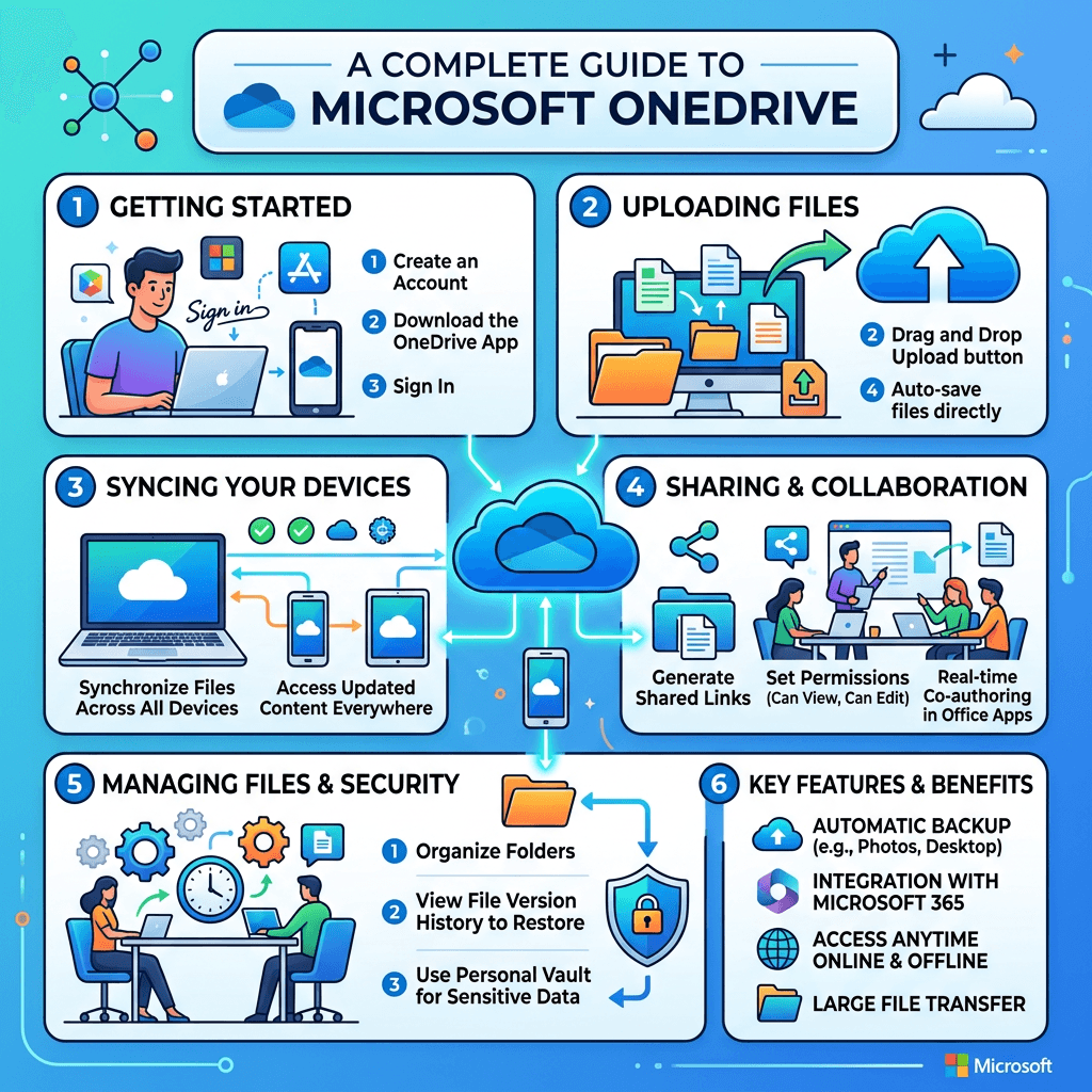 Infographic showing steps to use Microsoft OneDrive including getting started, uploading files, syncing devices, sharing, managing security, and key benefits.