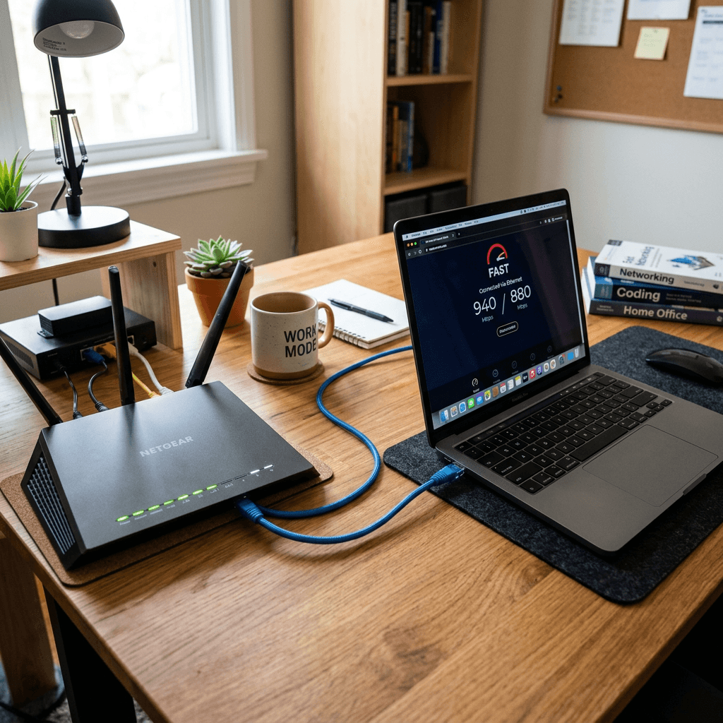 Laptop displaying internet speed test results connected via blue cable to Netgear router on wooden desk