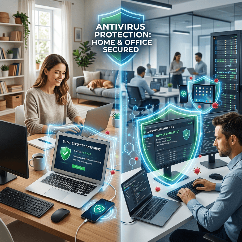 Home and office environments with laptops, desktops, and mobile devices protected by antivirus software