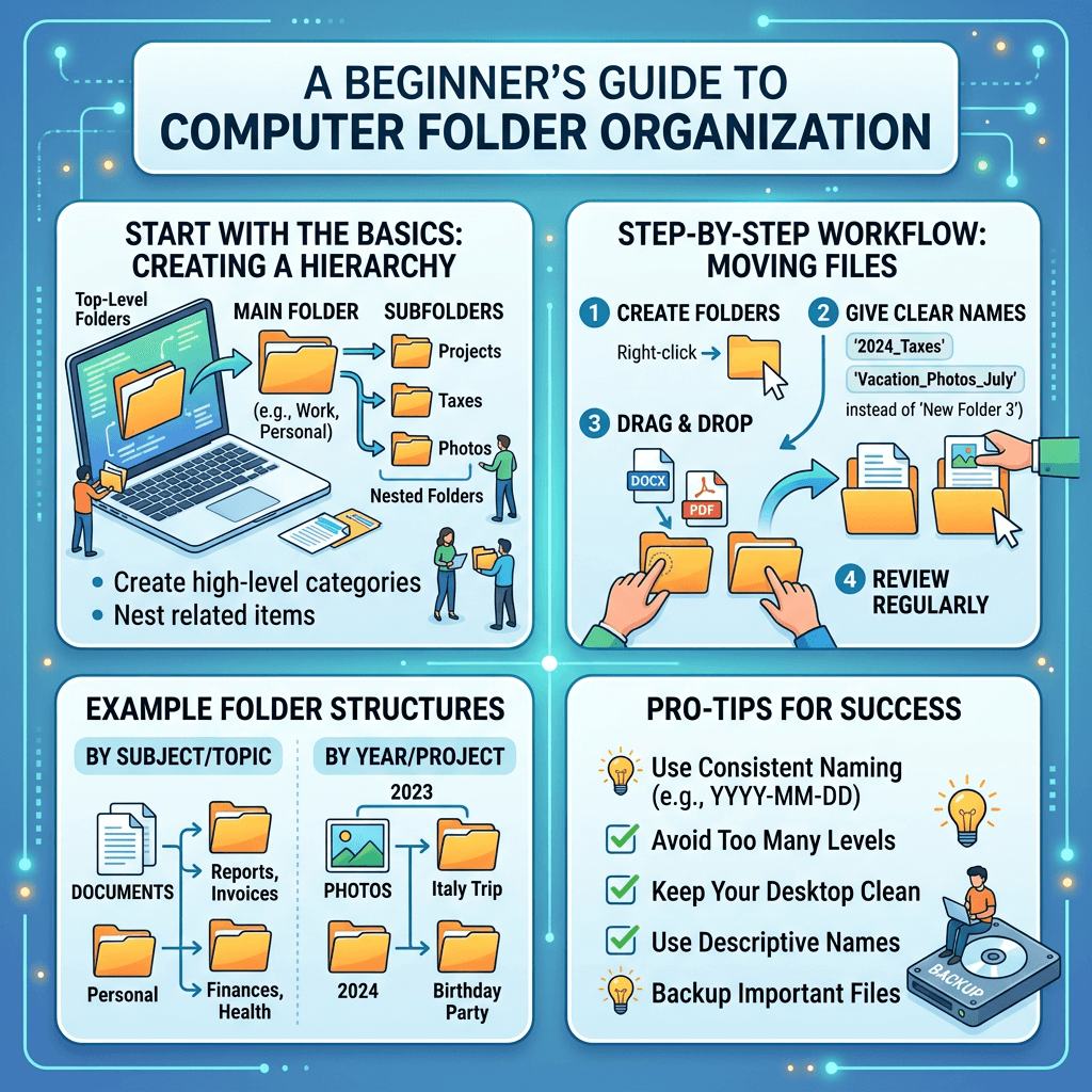 Diagram showing steps and tips for computer folder organization including hierarchy, naming, and examples.