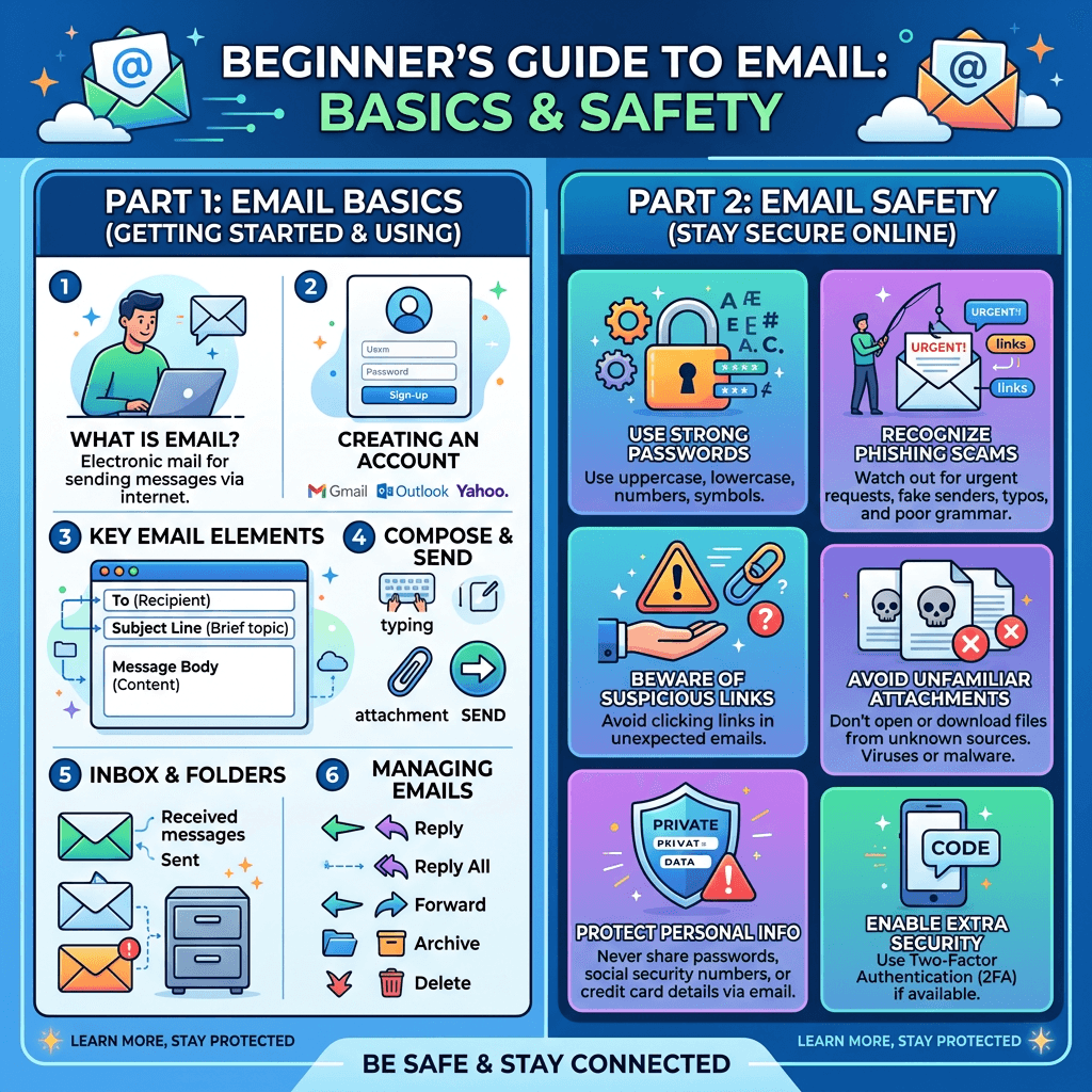 Guide to email basics and safety including account creation, composing emails, and security practices like recognizing phishing and using strong passwords.