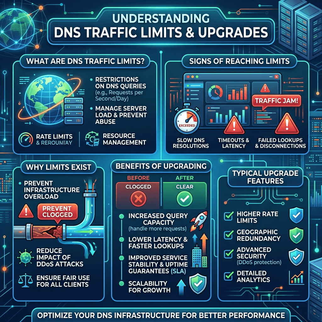 Infographic explaining DNS traffic limits, reasons for limits, signs of reaching limits, benefits of upgrading, and typical features in DNS upgrade