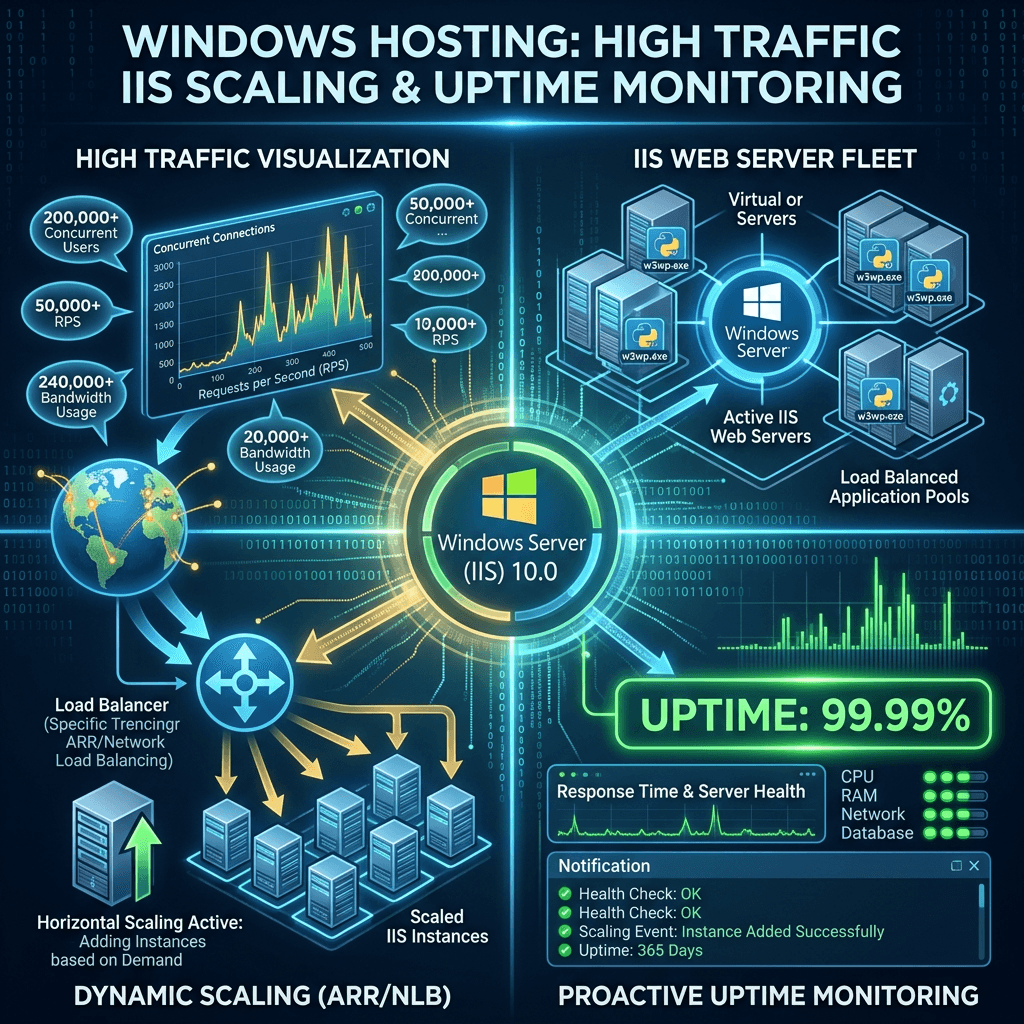 Windows Server IIS 10.0 traffic visualization, load balancing, scaling, and uptime monitoring infographic