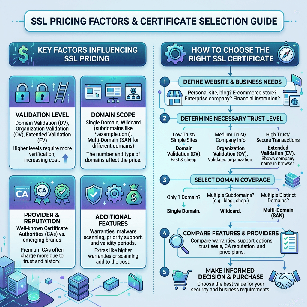 Diagram showing SSL pricing factors and steps to choose the correct SSL certificate based on website needs and trust levels