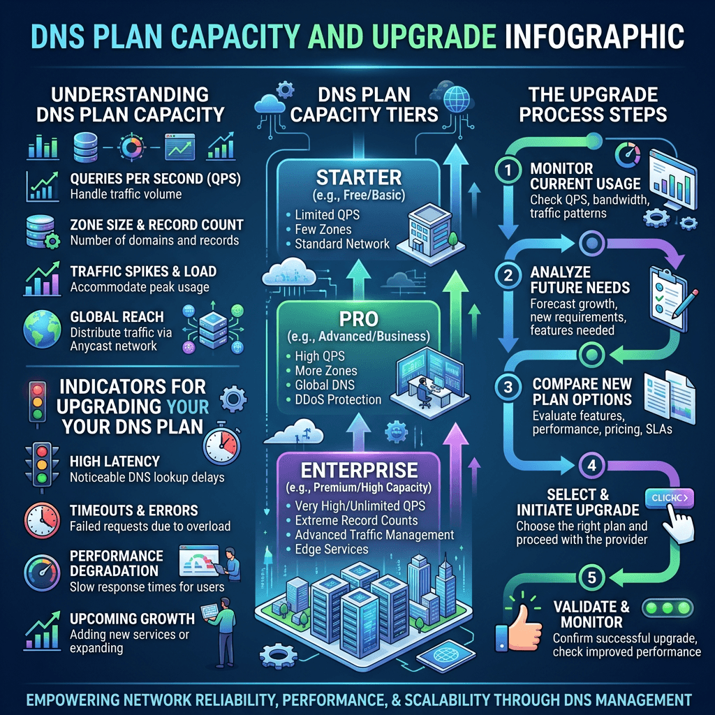 Infographic showing DNS plan capacity tiers, upgrade indicators, and upgrade steps for DNS management