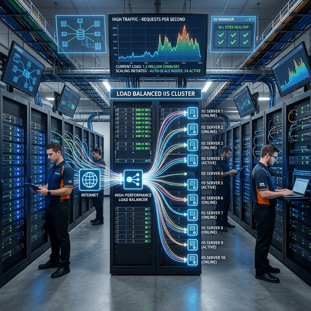 Technicians working in a server room with load balanced IIS cluster showing active servers and traffic load chart