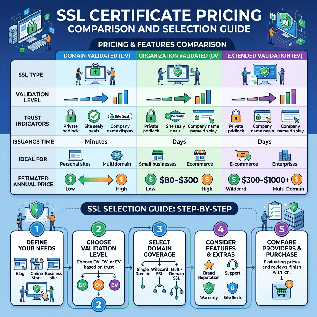 Chart comparing SSL certificate types domain validated, organization validated, extended validation with features and prices