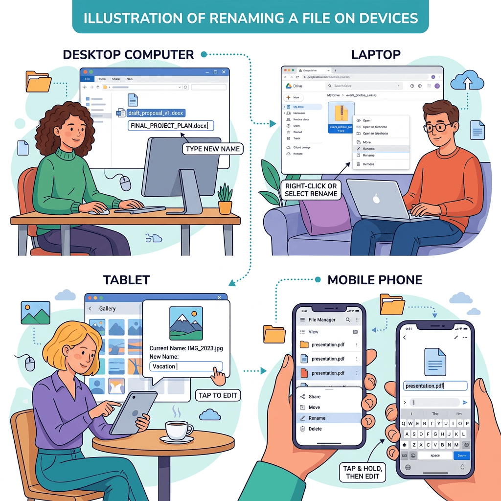 Illustration demonstrating renaming files on a desktop computer, laptop, tablet, and mobile phone with instructions.