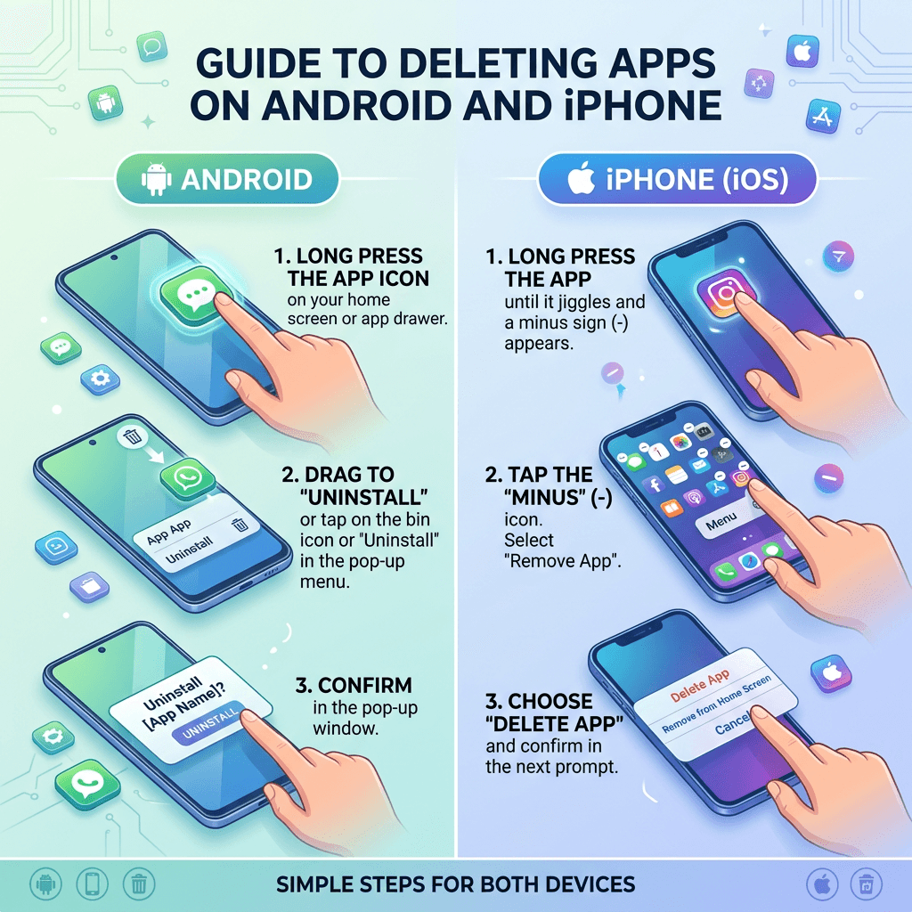 Instructions for deleting apps on Android and iPhone with step-by-step visuals and text.