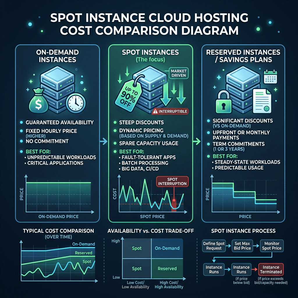 Diagram comparing on-demand, spot, and reserved cloud instances with cost graphs and best use cases