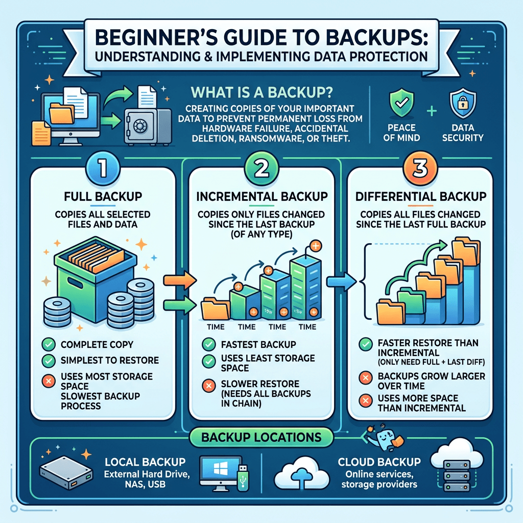 Illustration explaining full, incremental, and differential data backups and their pros and cons