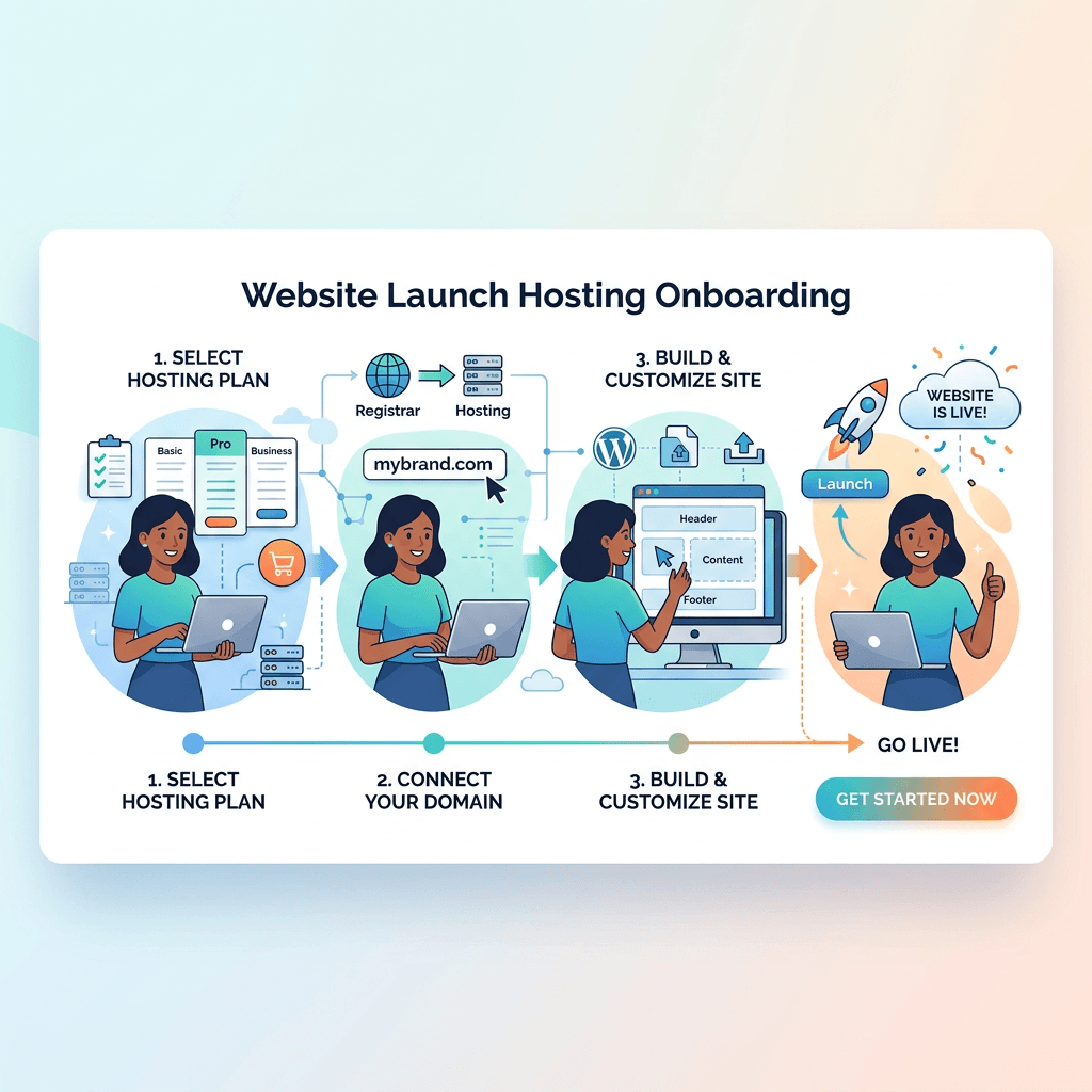 Three-step website launch process with hosting plan selection, domain connection, and site customization