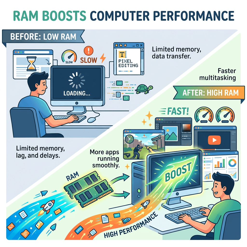 Illustration showing slow computer performance with low RAM and fast performance with high RAM