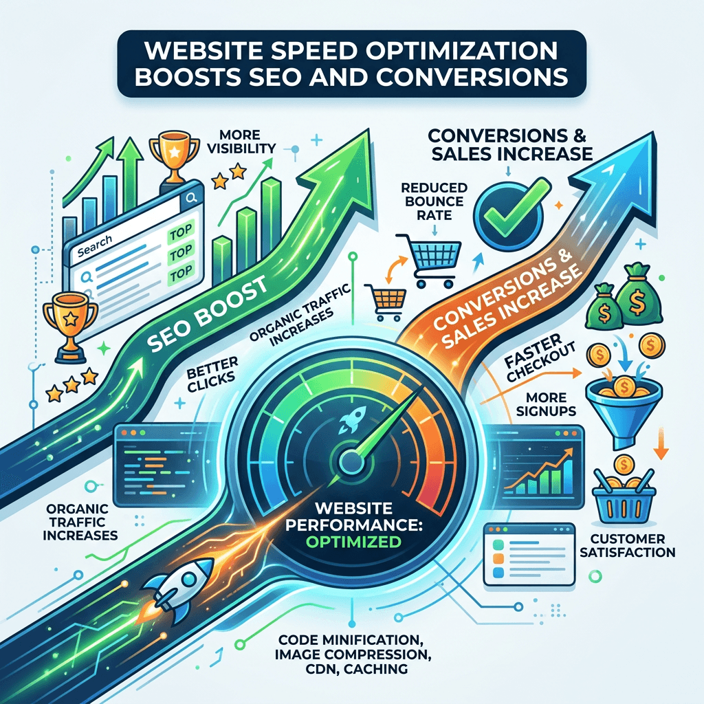 Diagram showing website performance optimization boosting SEO and sales with arrows indicating traffic, clicks, conversions, and customer satisfaction