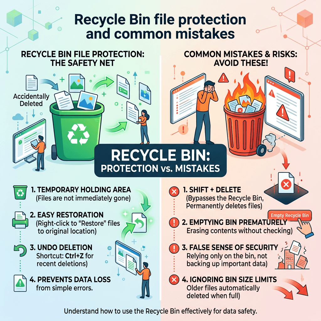 Infographic comparing Recycle Bin file protection benefits and common mistakes to avoid