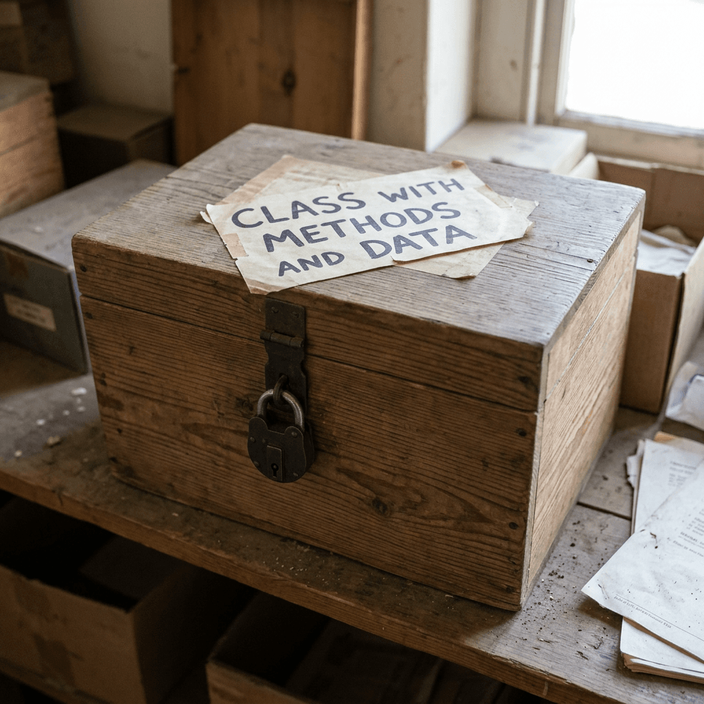 Locked wooden box with a paper label reading 'Class with Methods and Data'