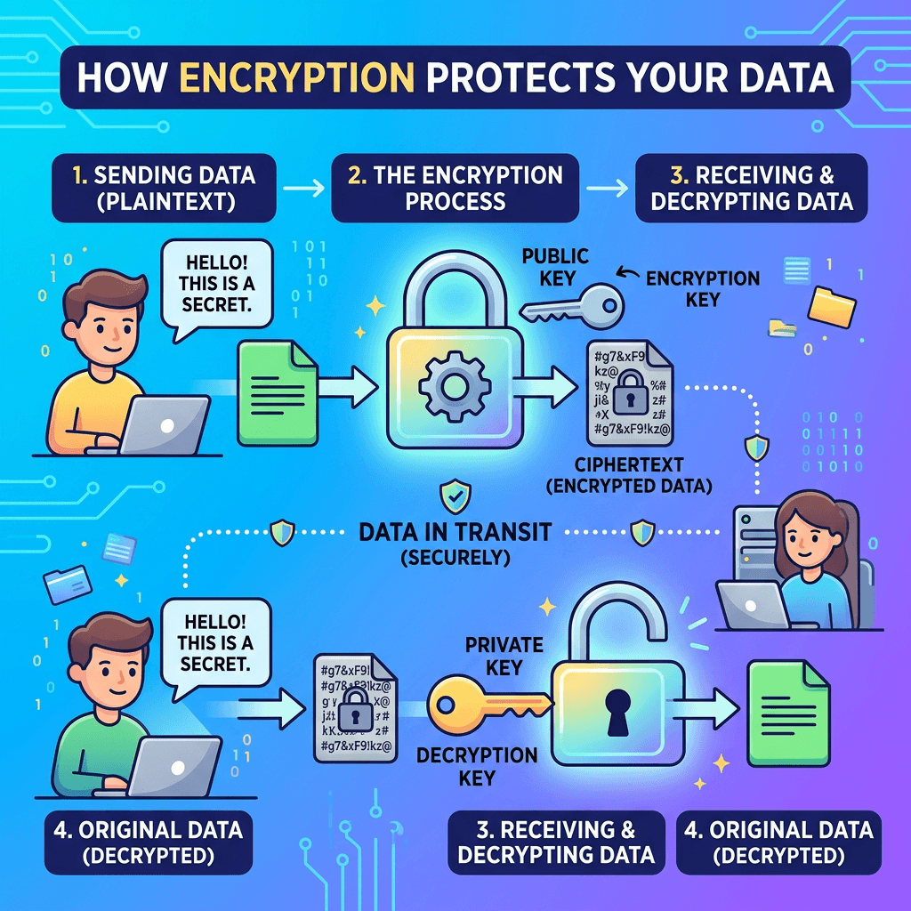 Diagram showing the process of sending plaintext data, encrypting it with a public key, securely transmitting ciphertext, and decrypting it with a private key back to original data.