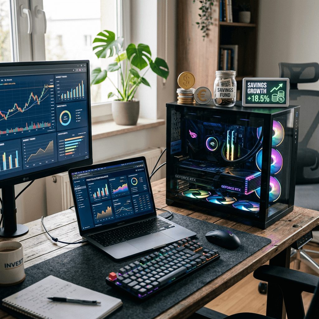 Desk with laptop and monitor displaying financial charts, gaming PC with RGB lights, jar labeled savings fund, digital screen showing savings growth
