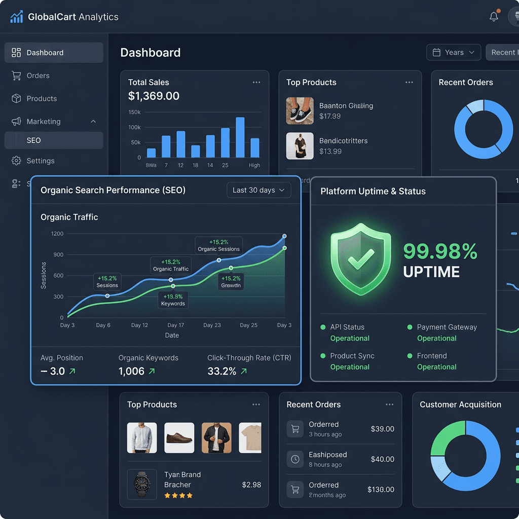 Dashboard showing sales figures, SEO organic traffic graph, platform uptime at 99.98%, product listings, and recent orders