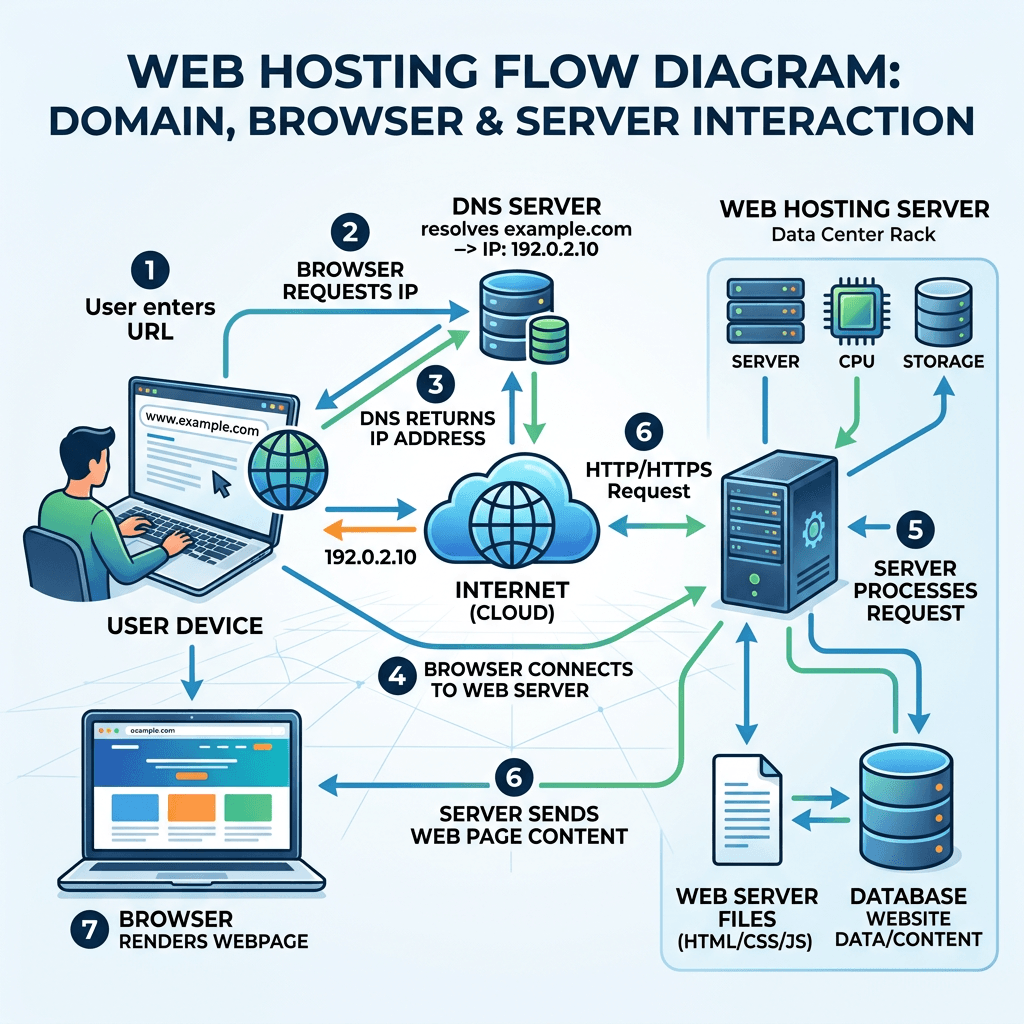 Flow diagram of user device requesting a website via DNS server and web hosting server