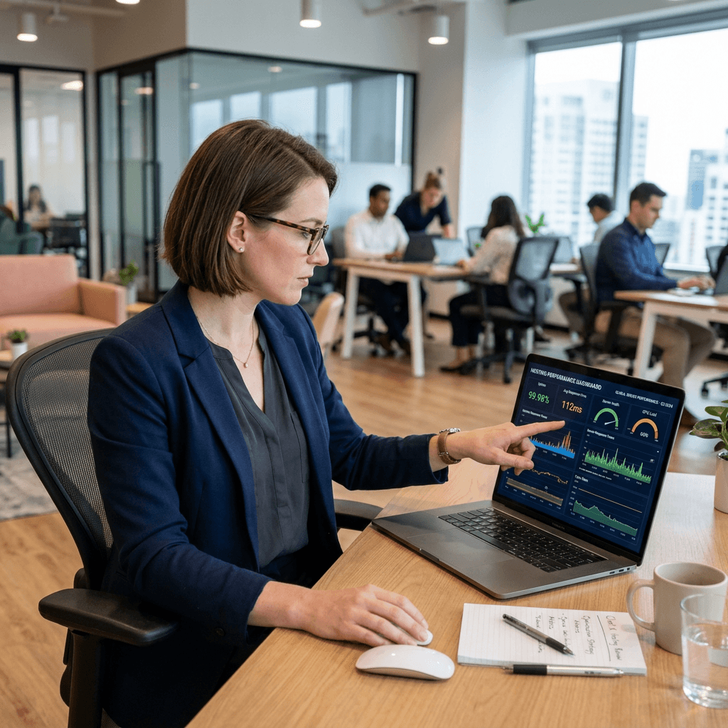 Businesswoman pointing at performance metrics on a laptop screen in an office
